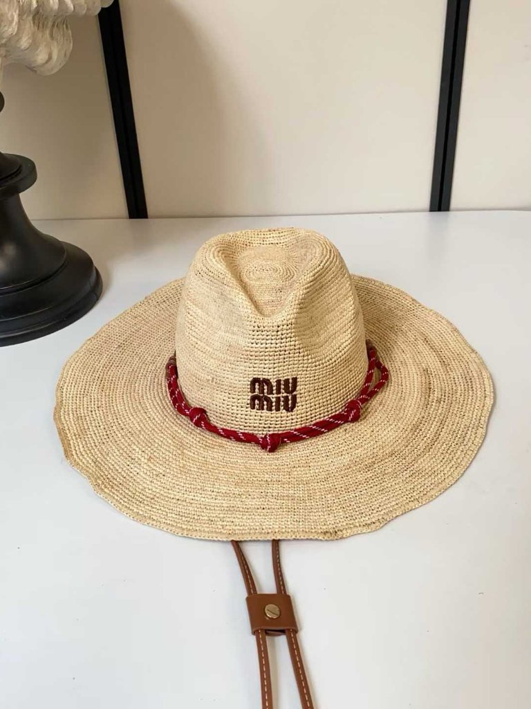 Miu Miu Raffia Wide Brim Cowboy Hat, Red Braided Strap Windproof Straw Sun Hat